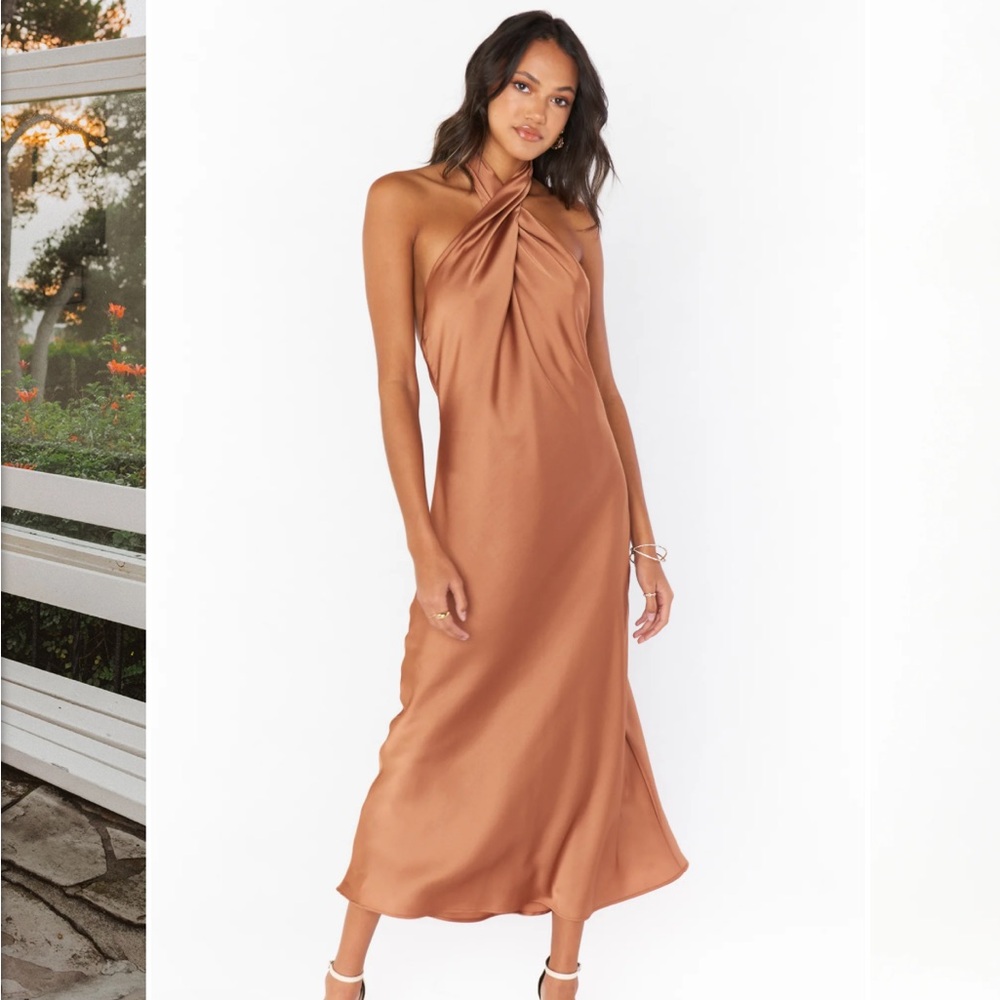 Showmeyourmumu Jasmine Halter Midi Dress in Copper Luxe Satin XS